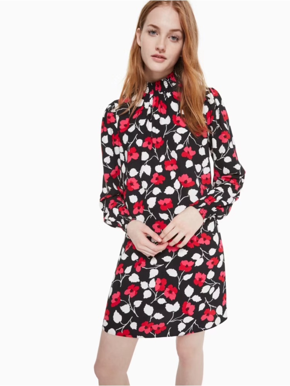 Floral High-Neck Long-Sleeve Shift Dress - Black with Red & White Flowers
